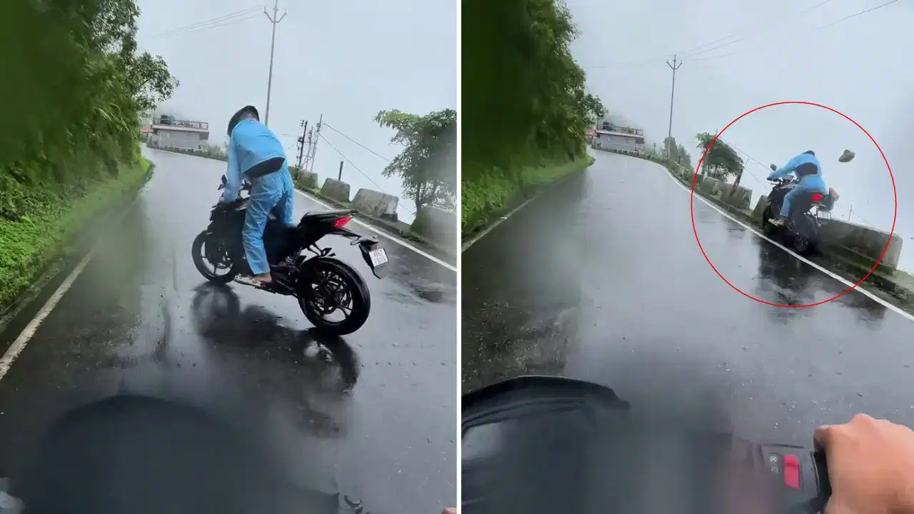बारिश में पहाड़ी मोड़ पर मौत को दी मात! खाई के किनारे लटका बाइकर, वायरल वीडियो देख दहल गए लोग बारिश में पहाड़ी मोड़ पर मौत को दी मात! खाई के किनारे लटका बाइकर, वायरल वीडियो देख दहल गए लोग